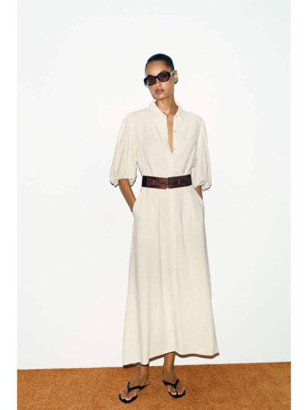 ZARA LINEN BLEND MIDI DRESS WITH BELT - Picture 2 of 9